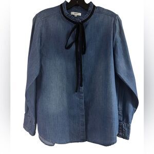 Kensie Jeans Denim Ruffle Collar & Sleeve Button Down Top Size M